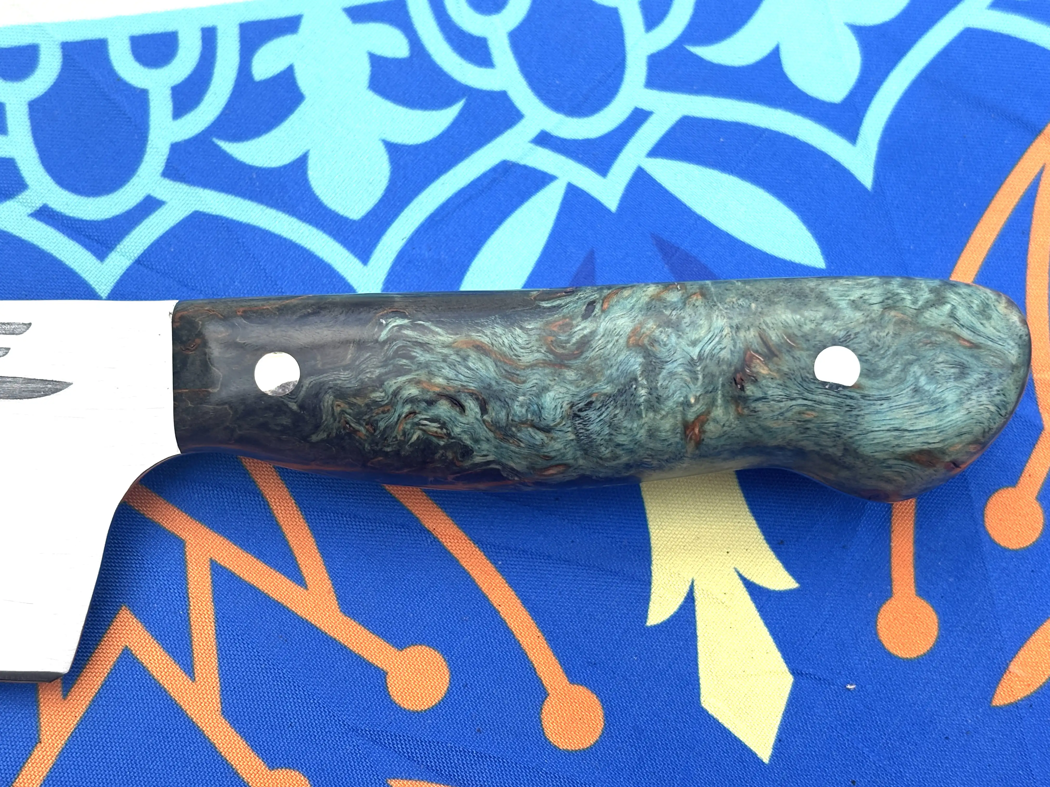 Chefs knife with stabilized karelian birch wood handles - Front handle view
