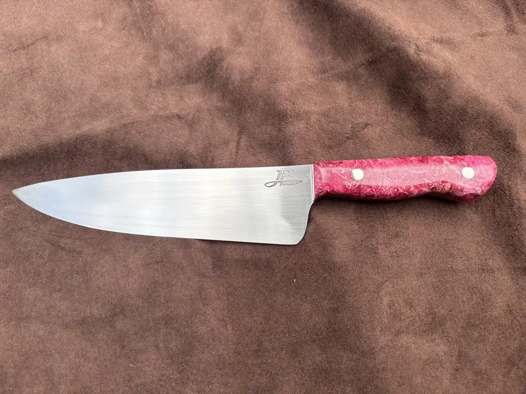 Chefs knife with pink stabilized wood handles - Front view