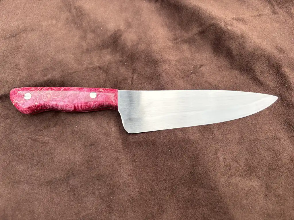 Chefs knife with pink stabilized wood handles - Rear view