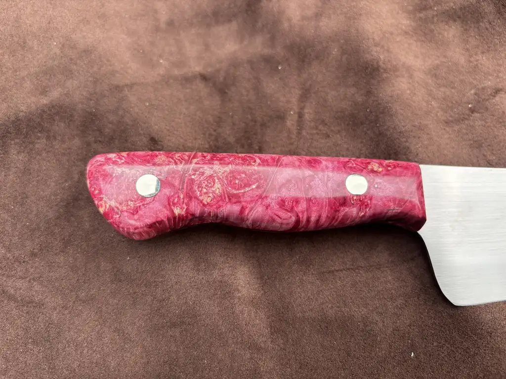 Chefs knife with pink stabilized wood handles - Rear handle view