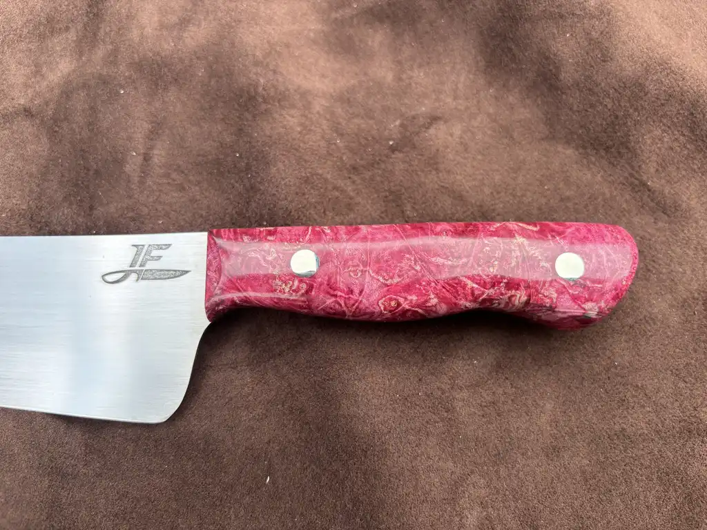 Chefs knife with pink stabilized wood handles - Front handle view