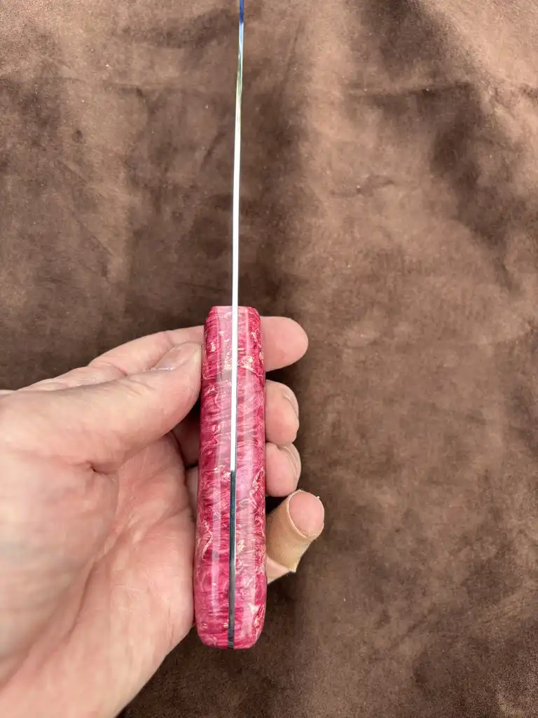 Chefs knife with pink stabilized wood handles - Top spine view