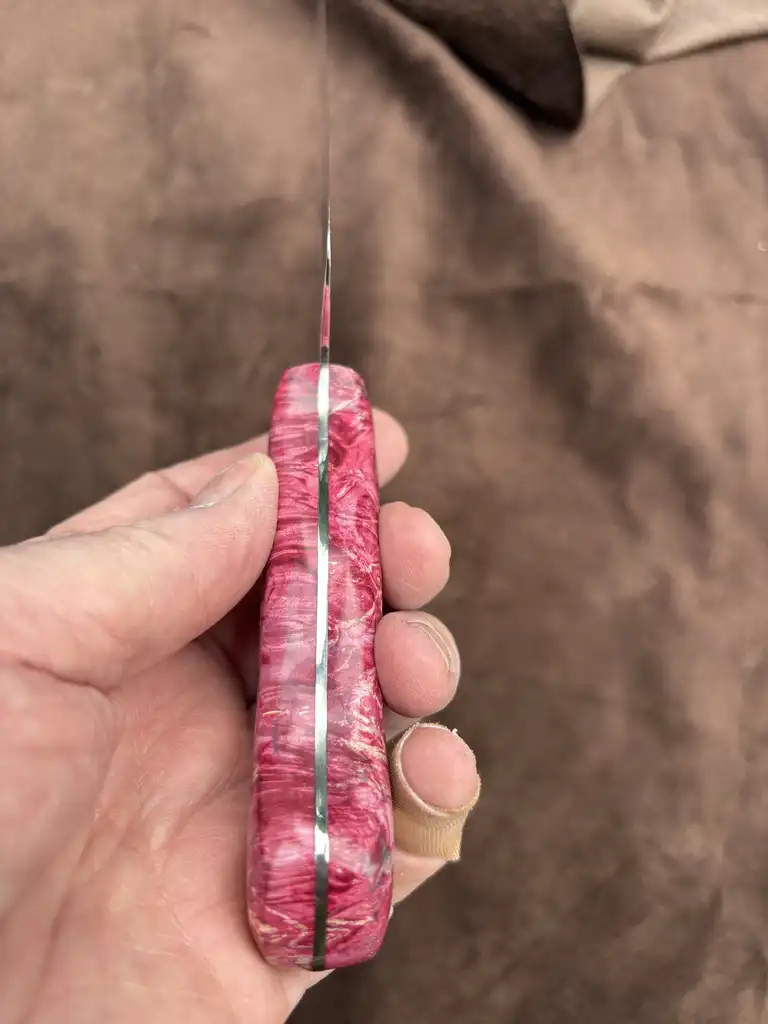 Chefs knife with pink stabilized wood handles - Bottom spine view