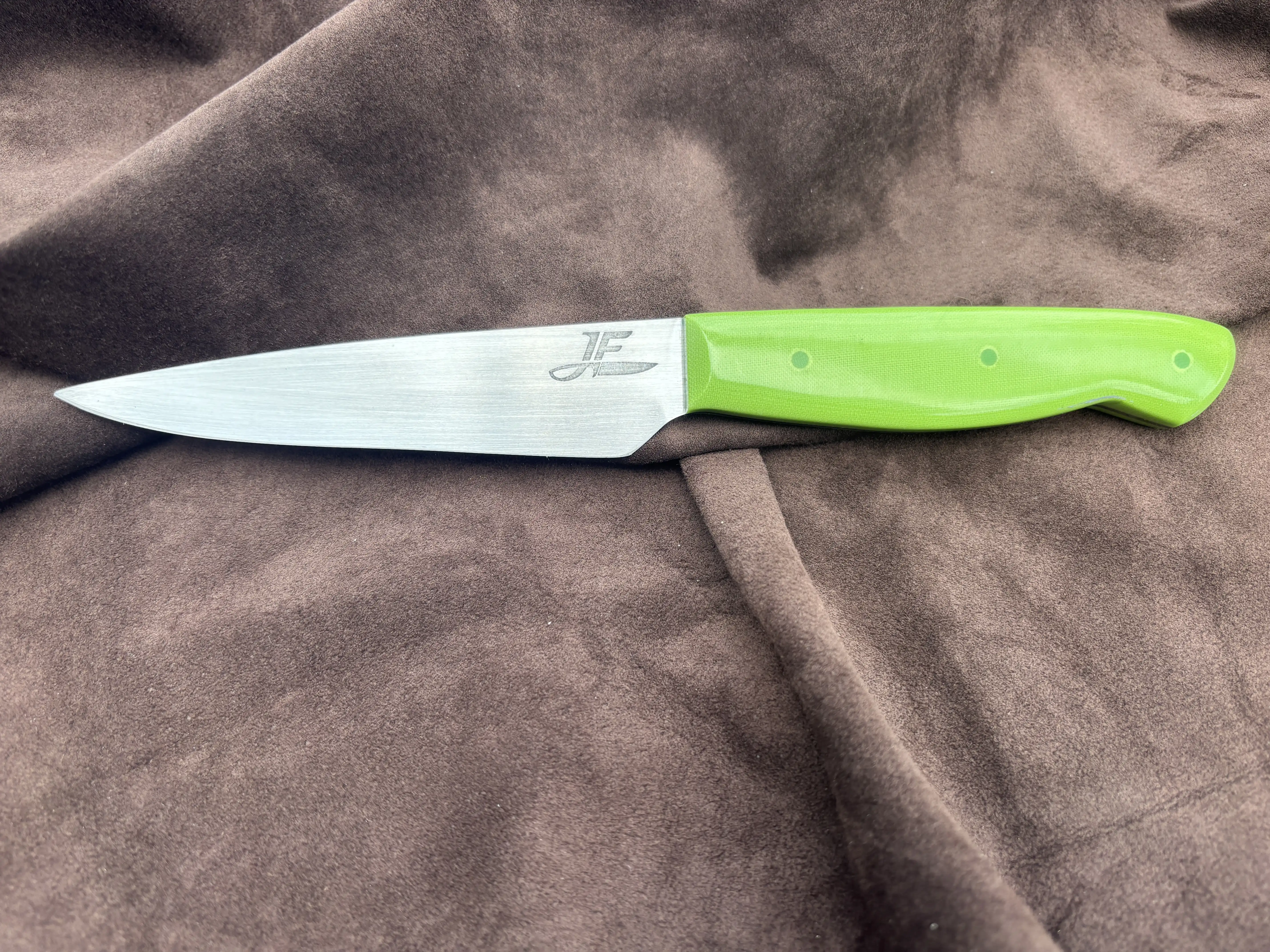 Kitchen utility knife with pistachio colored micarta handles - Front view