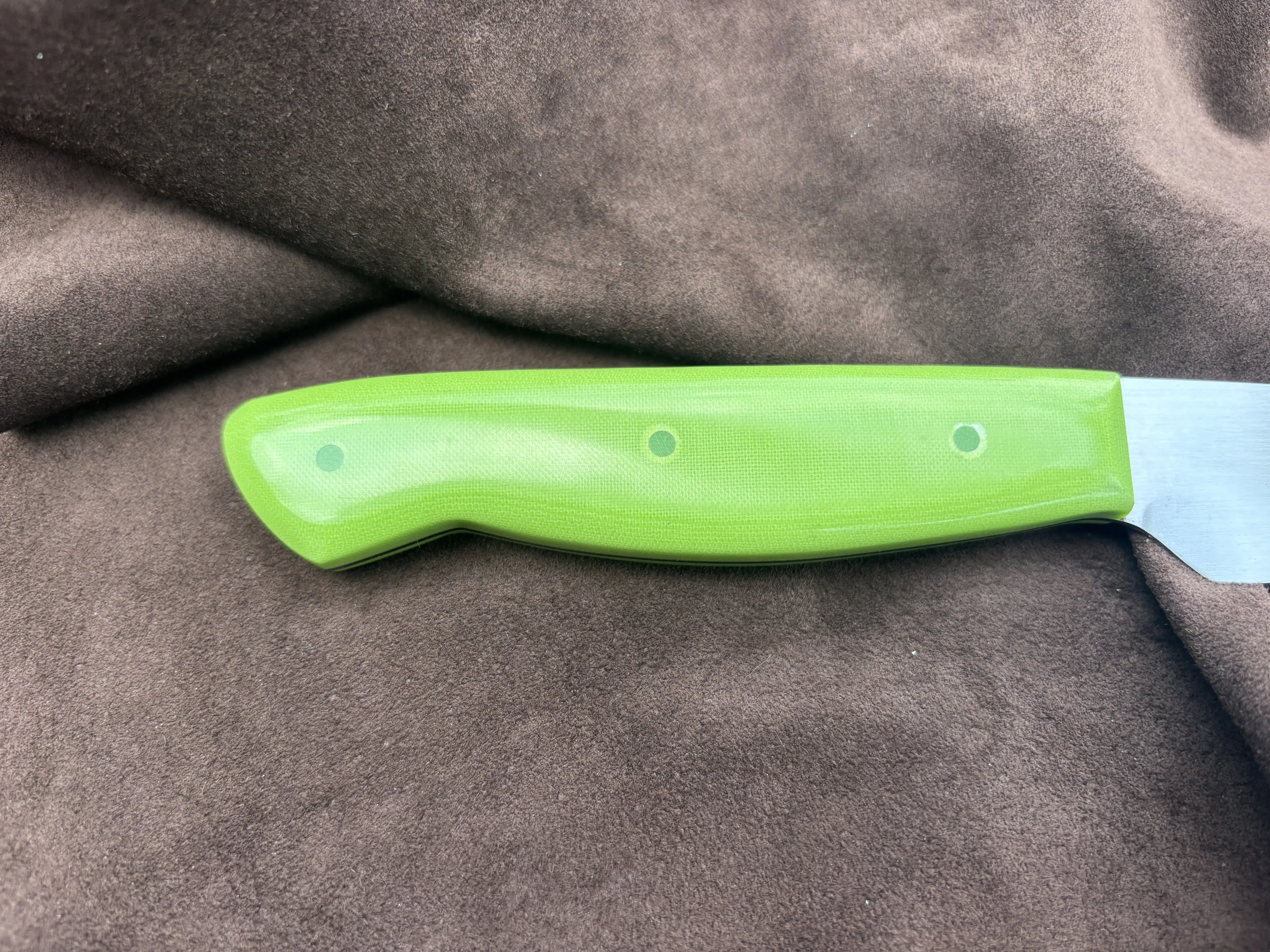 Kitchen utility knife with pistachio colored micarta handles - Front handle view