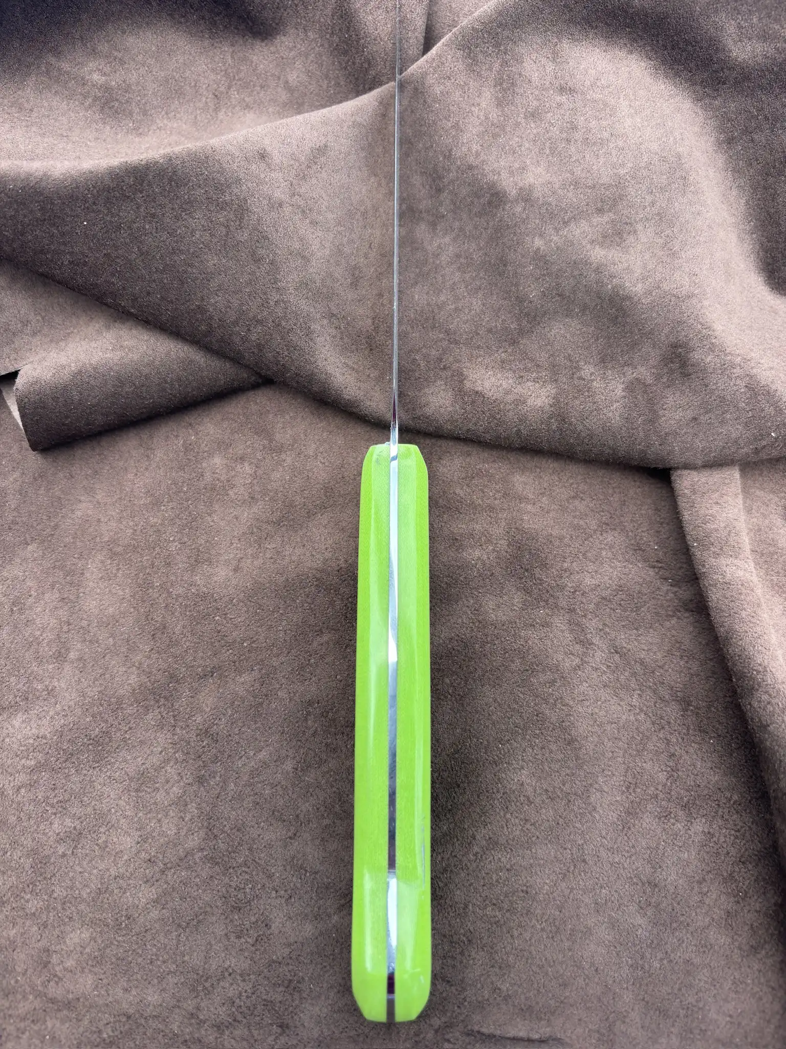 Kitchen utility knife with pistachio colored micarta handles - Bottom spine view