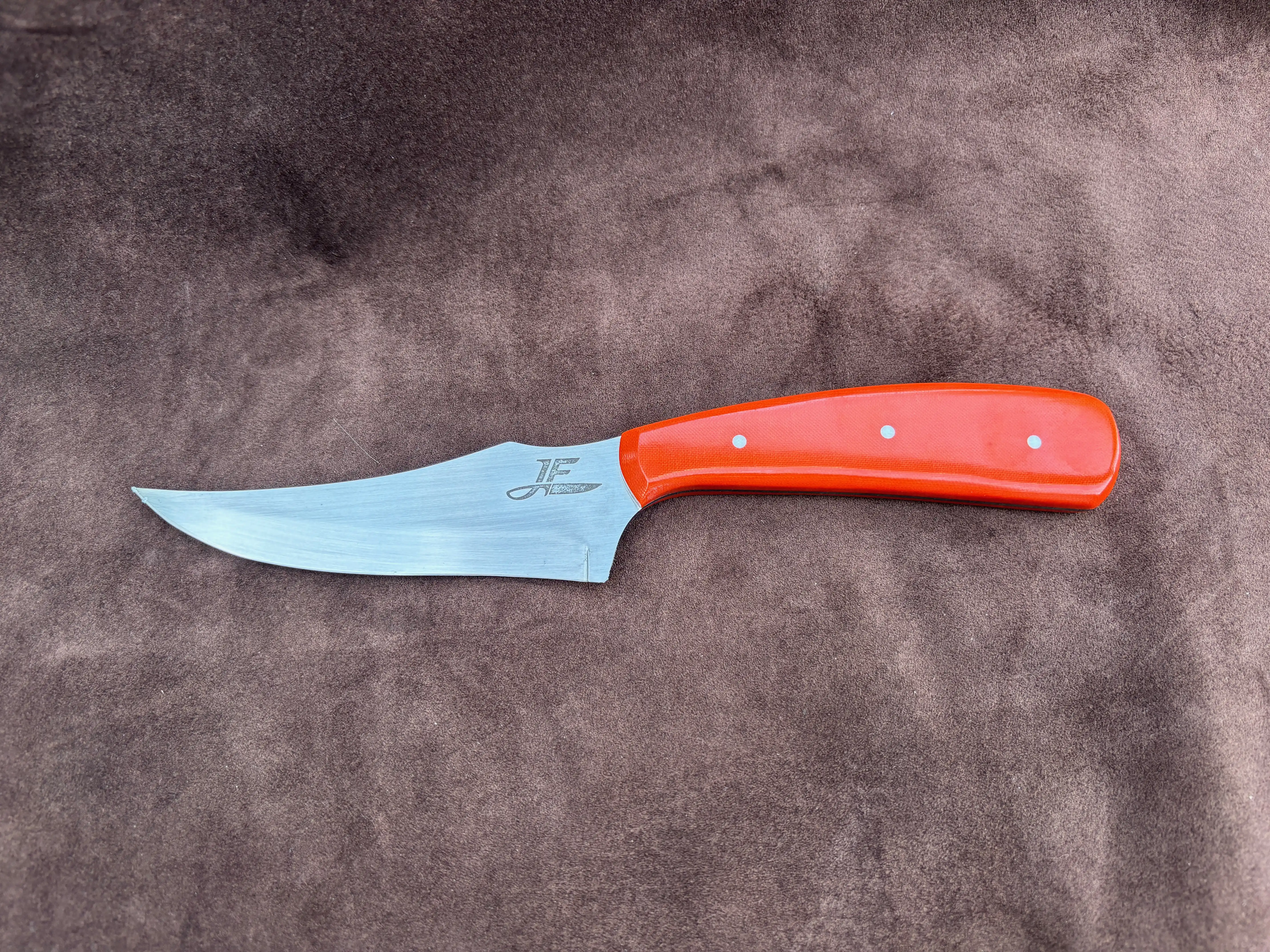 Sharpfinger Knife with Bengal Orange Micarta Handles - Front View