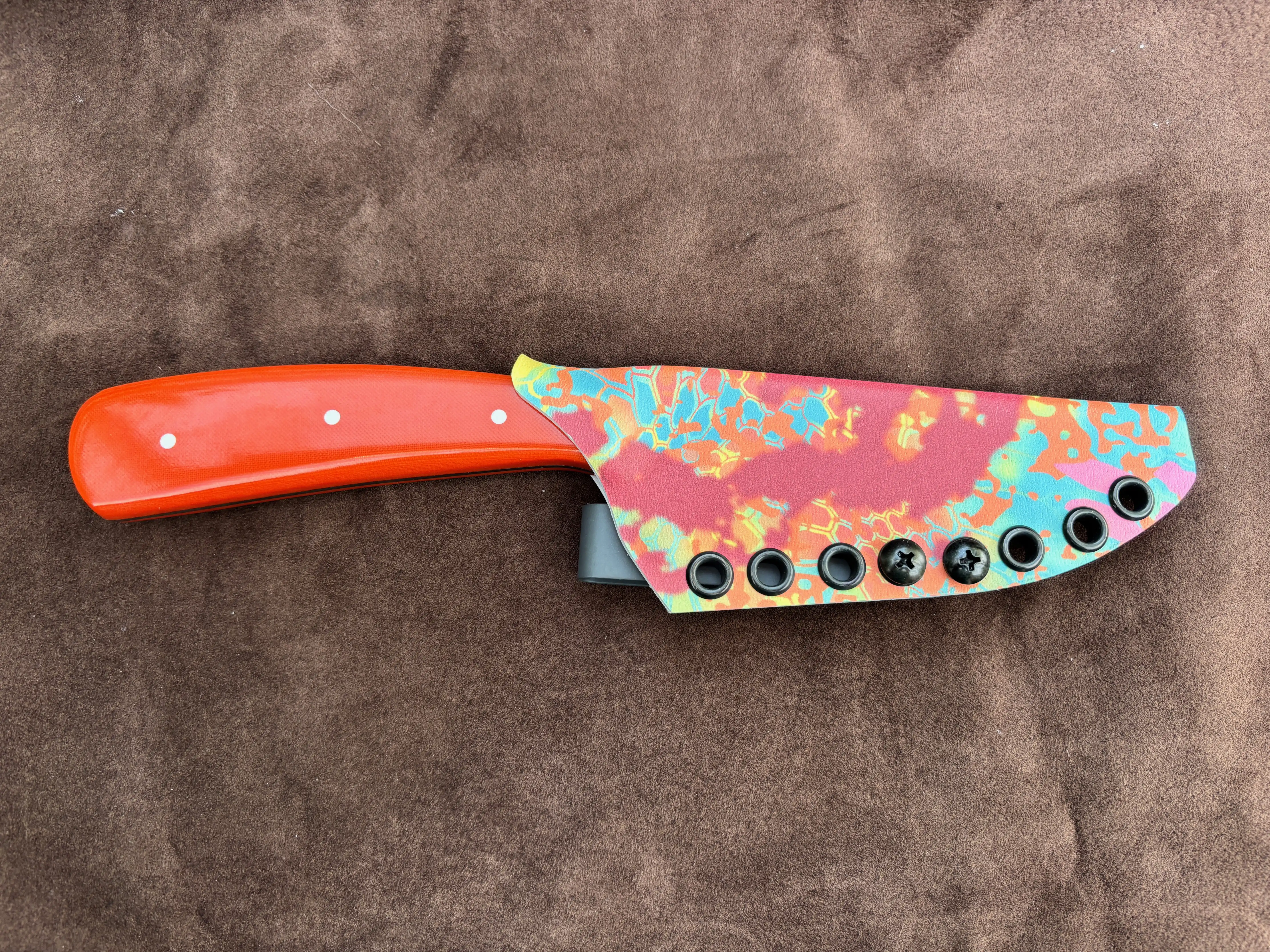Sharpfinger Knife with Bengal Orange Micarta Handles - In Sheath
